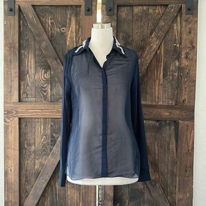 NWT Costa Blanca navy Blue sheer rhinestone collar top Sz-Small